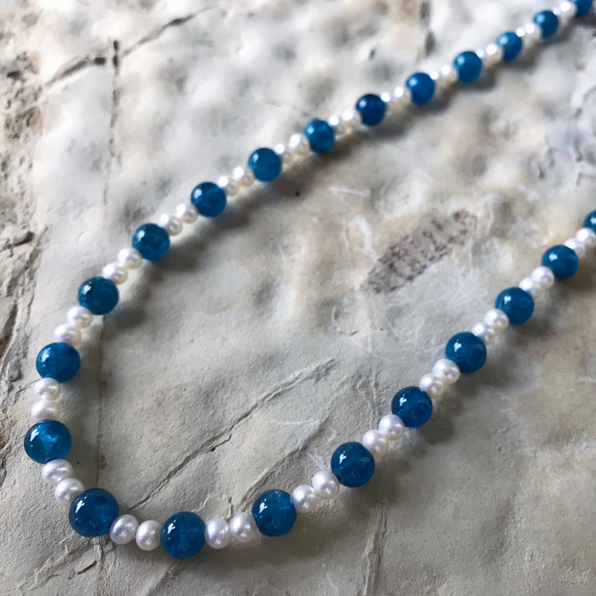 Gold Neon Blue Apatite and Pearl Necklace